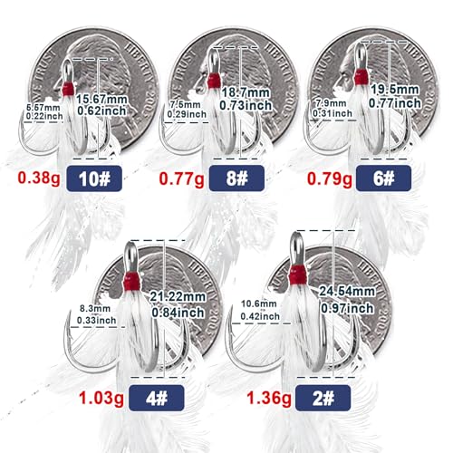 FishTrip Feathered Treble Hooks Fishing, 15Pcs Dressed Treble Hook Size 10 8 6 4 2 for Fishing Spoons Spinner Crankbait Jerkbait - size: 6#_15pcs