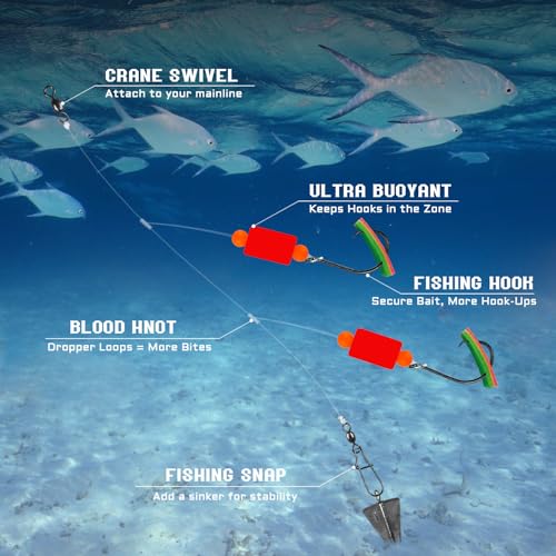 Pompano Rig Saltwater Surf Fishing Rigs – Double Drop Leader Rigs with Hooks, Floats, Beads & Snap – Easy Pre-Tied Terminal Tackle for Pompano, Whiting, Redfish - color: Assorted Colors–C, size: 6 Pack