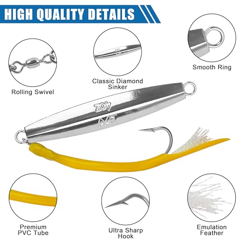 Diamond Jigs Saltwater Fishing Lures,Casting Jigging Spoon with Split Tube Tail Stainless Steel Hook Metal Jig Spoon Baits for Deep Sea Offshore Surf Fishing Bottom Sinking - color: Yellow-1pc, size: 1oz