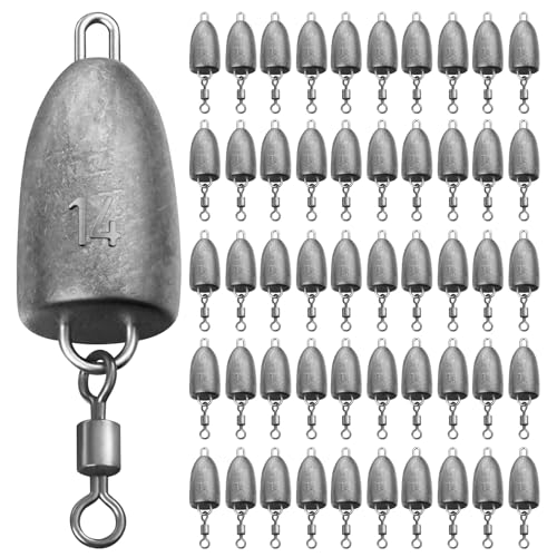 THKFISH Fishing Weights Sinkers, Bullet Fishing Sinkers with Swivel Rolling Slip Sinkers Sliding Weights for Bass Fishing Pitching and Flipping Texas Rigs Saltwater Freshwater Fishing, 3.5g-20g - size: 14g-50pcs