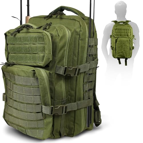 OSAGE RIVER MOLLE Fishing Backpack with Rod Holder - 600D Large Tackle Bag for Trays and Fishing Accessories - Tactical Backpack for Camping, Traveling, Hunting - Crocodile Green - color: Crocodile Green