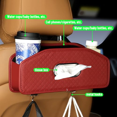 Car Seat Back Organizer, 4-in-1 Backseat Headrest Storage Box with 2 Cup Holder Hooks Tissue Box, Multifunctional Seat Back Storage Organizer for Hold Phones Drinks Bags, Universal Fit (Red) - color: Red