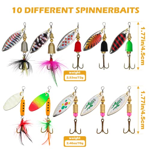 Fishing Lure Spinnerbait Kit with Tackle Box, 8 Pcs/10 Pcs Bass Trout Perch Salmon Hard Metal Rooster Tail Fishing Lures Kit - color: 10 Pcs