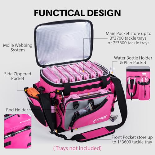 Goture Pink Fishing Rod and Reel Combos with Cooler Tackle Bag, 6FT-9FT Telescopic Fishing Pole with Spinning Reel,4 3600 Trays,Lures,Pliers,Travel Full Kit for Freshwater Saltwater, Women/Beginners - color: A:Pink Tackle Bag with Cooler, size: 19.69"x11.