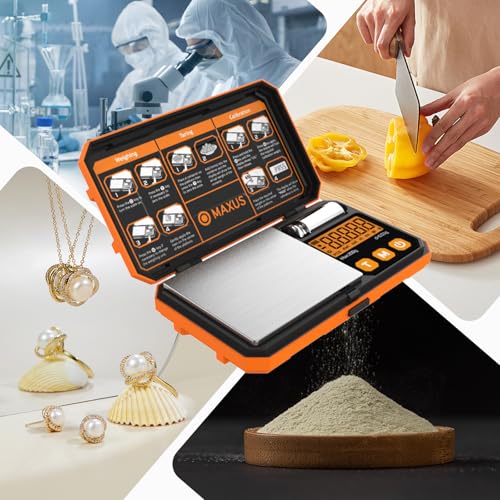 MAXUS Pocket Scale, 200g x 0.01g, with 50g Calibration Weight and USB Cable | Digital Gram Scale, 6 Units, Backlit LCD, Stainless Steel Platform, Rubber Edges, for Jewelry, Coins, Powders, Food or Gems - color: Orange