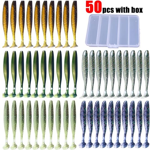 Fishing Soft Plastic Lures, Paddle Tail Swim Baits for Bass Fishing,Paddle Tail Swimbaits for for Bass Trout Walleye Lures, 30/50pcs Soft Plastic Baits with Box - color: B:2.75in/0.077oz-50pcs