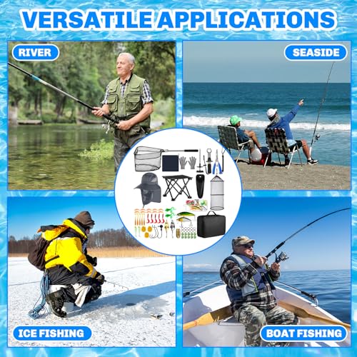 Lasnten 68 Pcs Fishing Tool Kit Fishing Backpack Pliers Kit Gear Equipment Tackle Include Hook Remover Backpack Gloves Towel Keychain Hook Lures Baits Accessories for Father Men Women Gifts