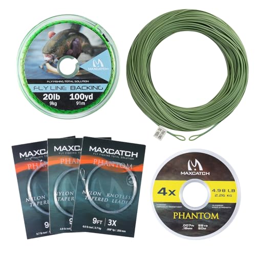 Maxcatch Fly Fishing Line Combo Kit, Weight Forward Floating Line with Two Welded Loops, Backing Line, Tapered Leader and Tippet - color: Moss Green, size: WF6F-100FT