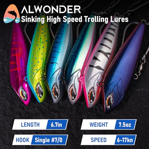 Alwonder High Speed Trolling Lures Up to 17 Knots Saltwater Fishing Lures Sinking Hard Baits 6-3/4”/7.5oz with Heavy-Duty 7/0 Hook Deep Diving Jerkbait Fishing Plug Offshore Lure for Marlin Tuna Wahoo - color: Purple Black