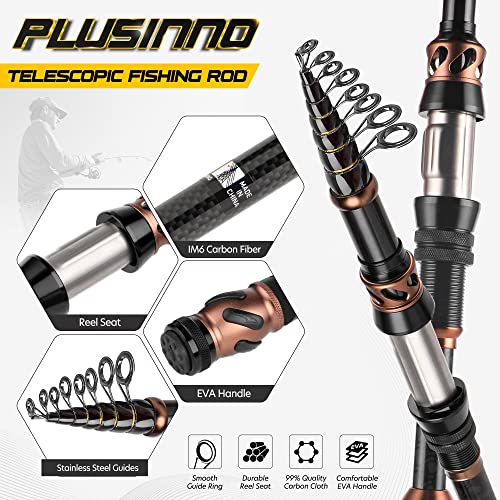 PLUSINNO Fishing Rod and Reel Combos - Carbon Fiber Telescopic Fishing Pole - Spinning Reel 12 +1 Shielded Bearings Stainless Steel BB - color: X-Full Kit With Carrier Bag, size: 1.8M 5.91FT