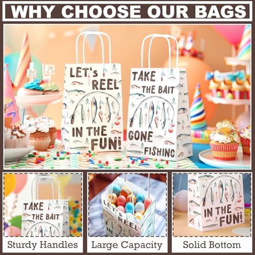 SamPartyShop 24 Pack Fishing Party Favor Bags for Kids – Gone Fishing Goodie Bags with Handles, Fishing Birthday Decorations, Fishing Party Supplies for Boys