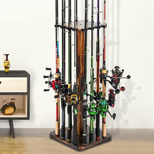Ghosthorn Fishing Rod Holders for Garage 360 Degree Rotating Fishing Pole Rack, Floor Stand Holds up to 16 Rods Wood Fishing Gear Equipment Storage Organizer, Fishing Gifts for Men Women - style: nospin