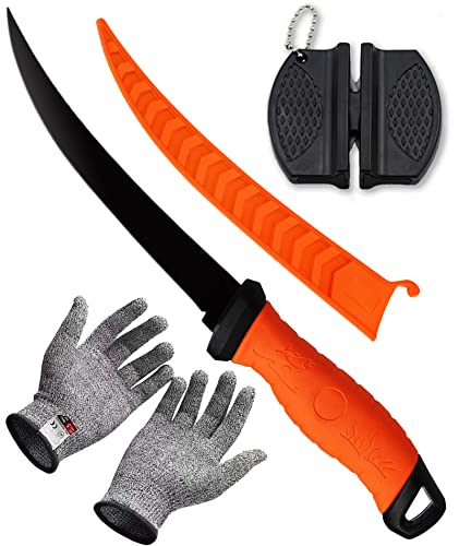 Fish Fillet Knife, 7 Inches Professional Fishing Fillet Knife Set Stainless Steel Blade in Corrosion Resistant Coating, with Sharpener and Cutting Resistant Gloves, for Fishing and Outdoor, Orange - color: Orange