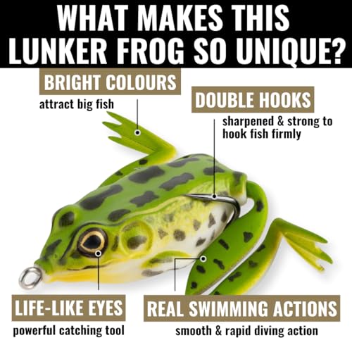 Lunkerhunt - Lunker Frog Fishing Lure | Award Winning Realistic Topwater Frog Lure for Fishing Bass, Trout and Pike | Freshwater Fish Bait with Hollow Body, Weedless Hooks for Freshwater Saltwater - color: Green Tea