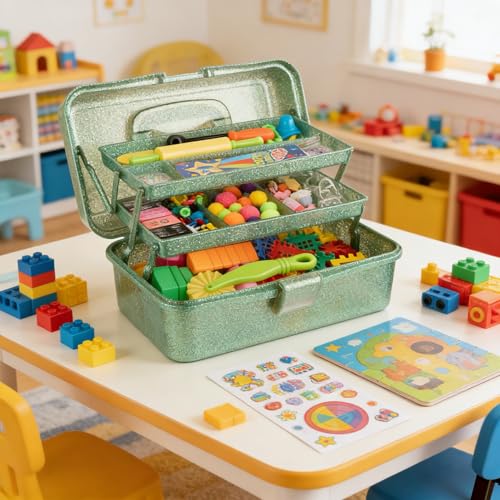 Glitter Art & Craft Tool Storage Box,3-Layer Stackable Carry Tackle Box Sewing Box Organizer for Art Supply, Makeup,Sewing Supply (Green) - color: Green