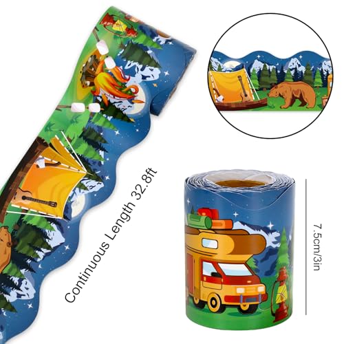 Whaline 32.8Ft Camping Bulletin Board Border Cartoon Bear Tent Campfire Forest Die Cut Trim Border Roll for Classroom Chalkboard Wall Decor - style: Bear Camping