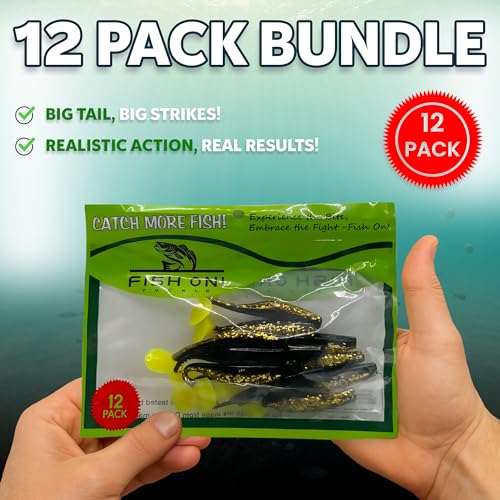Soft Plastic Paddle Tail Swimbaits – 3 1/4", 4" & 5" Soft Plastic Fishing Lures with Extra-Large Tail for Lifelike Swimming Action – Freshwater & Saltwater - color: Gold with Chartreuse Tail, size: 3 1/4 Inch - 12 Pack