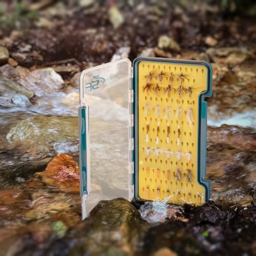SF Slim Fly Fishing Box Thin Trout Flies Storage Box Plastic Clear Lid Yellow Silicone Waterproof Fly Fishing Box Large - style: Large- 1Pack