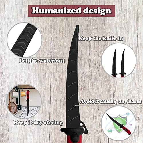 Fishing Fillet Knife Set, 7 Inches Professional Stainless Steel Blade Filet Knife for Fish, with Sharpener and Cutting Resistant Gloves, Fishing Gear, Fishing Tool Set, Red - color: Red
