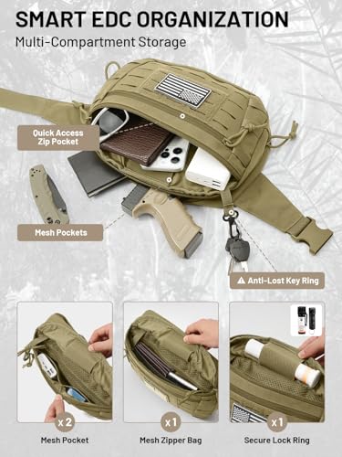 Tactical Sling Bag, Fanny Pack,2in1,CCW & EDC Shoulder Bag with MOLLE & Pistol Holster - 1000D Adjustable Strap for Outdoor Carry Men & Women - color: Khaki