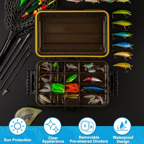 Wonderjune 6 Pack 3600 Fishing Tackle Boxes Waterproof Tackle Trays with Removable Dividers Clear Plastic Storage Organizer Bait Vault Camouflage Box for Freshwater Saltwater (Black) - color: Black