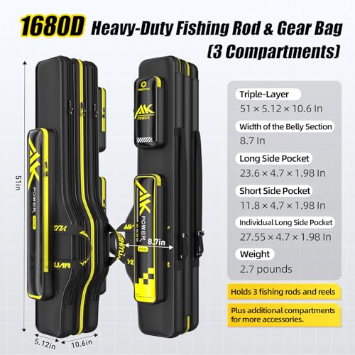 Fishing Rod Case Triple-Layer 1680D Heavyweight Oxford Fishing Pole Case & Bag Wire-Reinforced Non-Deforming Frame Quick-Access Compartments Anti-Sag Structure Fishing Rod Bag Fishing Gift for Men - color: 3 Layer -Reinforced