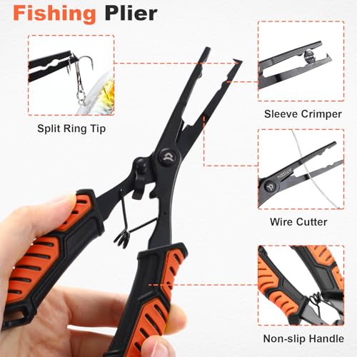 RoundFunny Fish Lip Gripper Pliers, Combo Fishing Tool Kit Stainless Steel Multifunction Hook Remover, Split Ring Pliers with Lanyards Sheath for Fly, Easter Fishing Basket Gift Gear Men Women - color: Orange
