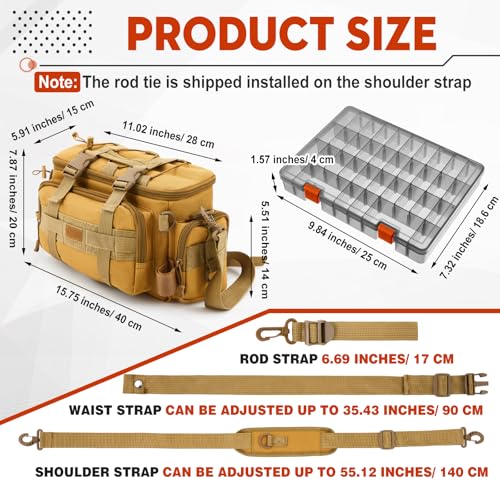 Fishing Tackle Bag with 3 Adjustable Tackle Trays Boxes Saltwater Freshwater Resistant Fishing Gear Lures Storage Bag Soft Side Outdoor Pack Organizer Padded Shoulder Strap