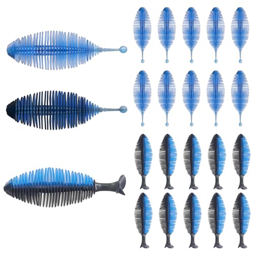 Eupheng 20PCS Soft Plastic Swimbait, Ribbed Plastic Baits with Tickle/Paddle Tail, Fishing Worms Bionic Soft Leech Fishing Minnow Bait for Bass, Pike, Trout, Walleye - color: Black-Blue, size: 7cm(2.75inch)