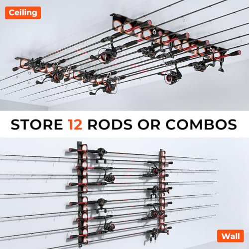 KastKing SafeGuard LS Horizontal Fishing Rod Rack with Line Spooler – Wall or Ceiling Mount, Holds 12 Rods & Combos, No-Twist Fishing Rod Holder with Spooler & Cutter (Spinning & Baitcasting) - color: B:Upgraded w/ Spooler, 2 Pack (store 12 rods)