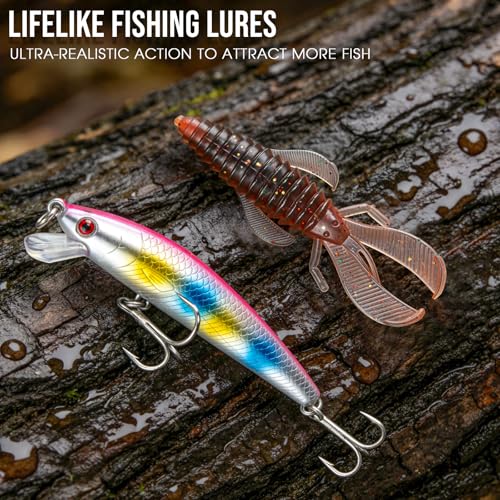 THKFISH 400PCS Fishing Lures Accessories Kit with Large 3-Layer Tackle Box Complete Freshwater Bass Fishing Gear Tools Set with Pliers, Fish Scale, Spinner bait, Hooks, Weights Sinkers, Gift for Women - color: Pink