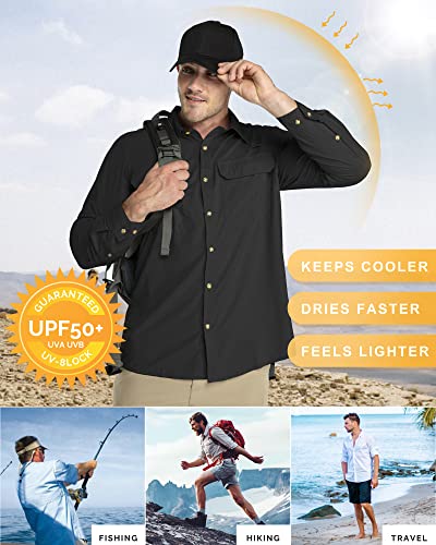 33,000ft Men's Long Sleeve Sun Protection Shirt UPF 50+ UV Quick Dry Cooling Fishing Shirts for Travel Safari Camping Hiking - color: Black, size: Medium