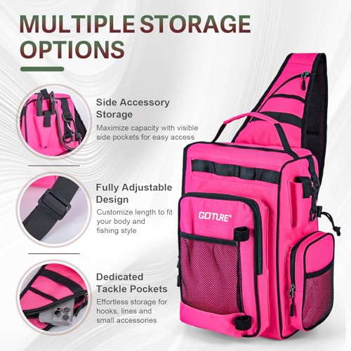 Goture OpenSide Tactical Sling Tackle Bag with 3 Tackle Trays,Lures & Fishing Tools, Lightweight Fishing Backpack Storage for Fishing Gear-Pink Bag, Gift for Women - color: Pink, size: Small bag with 3600 trays, style: Bag + Fishing Boxes(handle) + Pink F