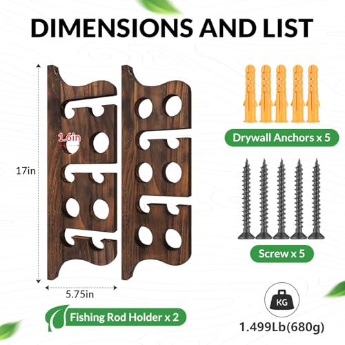 THKFISH Wood Fishing Rod Holders for Wall Ceiling, Holds Up to 7-10 fishing Pole Holders for Garage (1 set holds up 10 rods) - style: 1 set holds up 10 rods