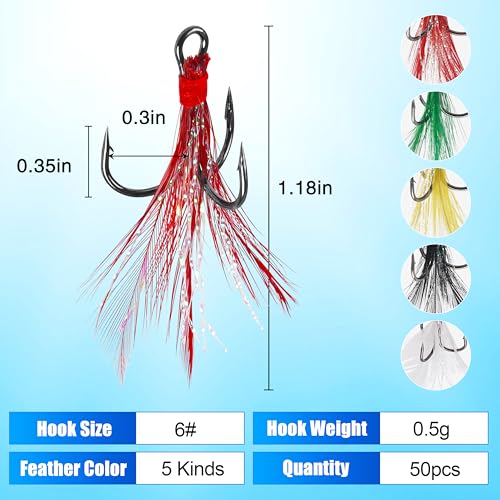 Feathered Treble Fishing Hooks, 120pcs Round Bend Treble Hooks with Split Rings for Making Fishing Lures Spinner Spoon Crankbait Feather Triple Hook Replacement for Saltwater Freshwater
