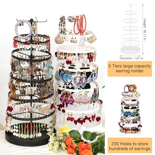 17Dec 6 Tier Rotating Jewelry Organizer Stand, 230 Holes Earring Holder Organizer for Women Girls, Spinning Earring Tree with Ring Holder, Wide Base for Bracelets Watches Lipstick - color: Metal,6-Tier,White