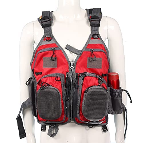 JKSPORTS Fly Fishing Vest - Fishing Safety Life Jacket for Swimming, Sailing, Boating, Kayak - Floating Multifunction Breathable Backpack for Men and Women - Adjustable, Grey/Green/Red/Blue - color: Red and black, size: with foam