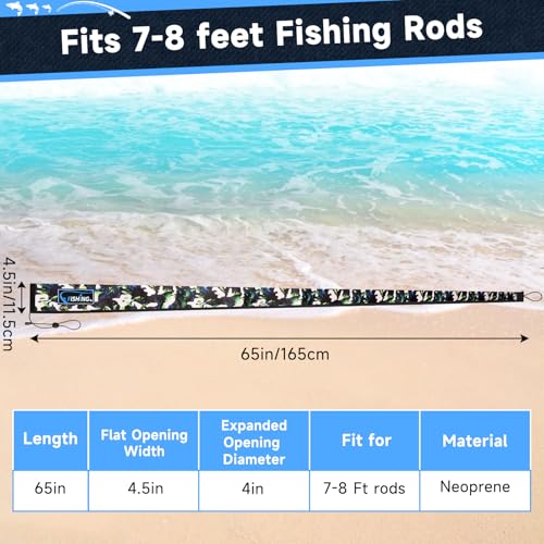 Neoprene Fishing Rod Sleeves for Casting, Spinning, Trolling Pole - Protective Cover Rod Sock with Hanging Loop & Lanyard- Floating, Puncture Resistant, Lightproof - size: 65", style: 8 Pcs