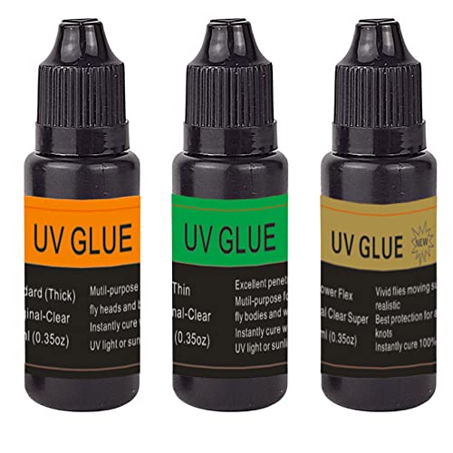 EUPHENG Fly Tying UV Resin Three Formula Thick,Thin and Super Flex Fly Tying Head Cement Fly Tying Glue for Building Flies Heads Bodies and Wings and Gluing Eyes - color: 3 in 1 combo set 0.35oz
