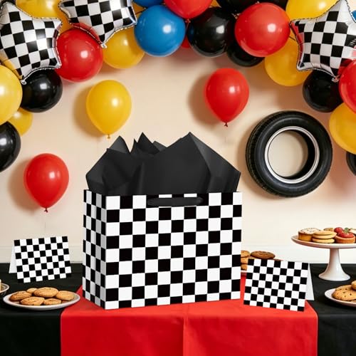 Hooqict Large Checkered Gift Bag Black and White Race Car Gift Wrap Bag with Handles, Tissue Paper, Greeting Cards for Kids Boys Snack Goodie Treat Candy Party Favors - color: Checkered