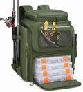HAMBOLY Fishing Backpack 45L with Rod Holders, Water-Resistant Tackle Backpack for Fishermen, Large Capacity Fishing Gear Bag for Travel Hiking Camping - color: Army Green (4 Tackle Boxes Included)