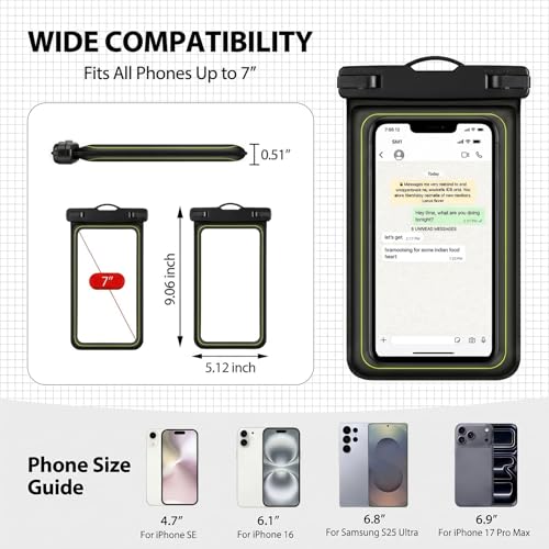 Floatable Waterproof Phone Pouch Case for iPhone 17 16 Pro Max/15/14, IP68 Travel Cellphone Dry Bag Beach Cruise Ship Essentials Bags with Crossbody Lanyard, Black Green - 7″ - color: Black Green