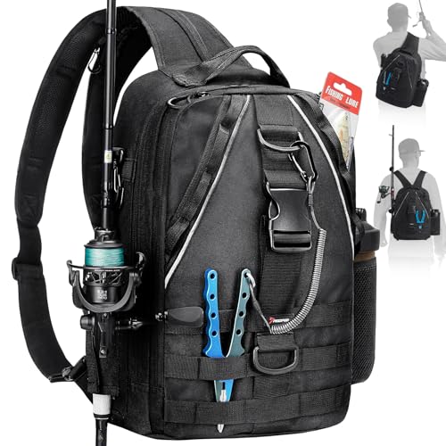 Piscifun Fishing Backpack with Rod Holder, Lightweight Sling Bag Storge Gear and Equipment - color: Black, size: Large, style: Latch