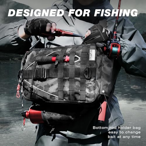 Ghosthorn Fishing Backpack Waterproof Tackle Bag Sling Bag Gift - color: Black Camouflage, size: Large