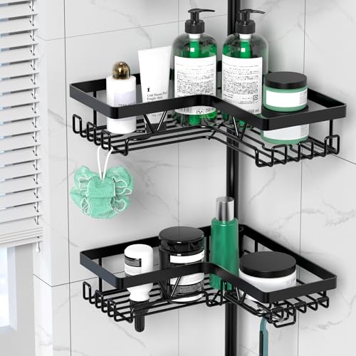 DAOYA Corner Shower Caddy Tension Pole - 4 Tier Stainless Steel Rustproof Shower Corner Caddy for Bathtub Bathroom Shower Organizer Shelves Adjustable Pole 25-114.2 Inch Black - color: Dark Black