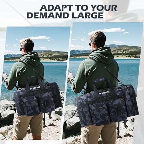 PLUSINNO Tackle Bag - Expandable Fishing Bag with fishing net for Saltwater & Freshwater - Water Resistant Fishing Gear Shoulder Bag For Men - color: Tackle Bog with Lure tool &Fishing Net