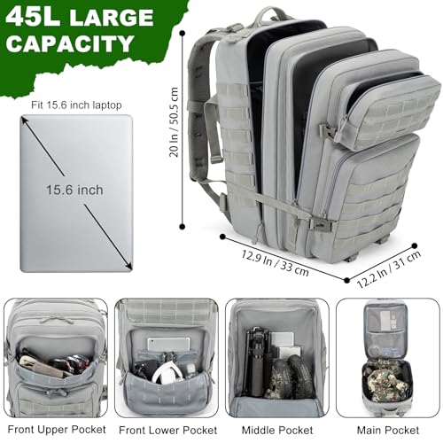 Tactical Backpack 45L Army Military Rucksack, Water Resistant MOLLE Pack, Large 3 Day Bug Out Bag for Men & Women, Durable Outdoor Gear for Hiking, Camping, Hunting, Travel (Grey) - color: Gray