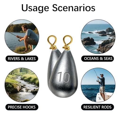 Casting Sinker Weights Assortment, Teardrop Fishing Sinkers with Brass Swivel Loops, 1/8 oz to 3/4 oz, Drop Shot Weights for Bass Catfish, Freshwater Saltwater - color: 35pcs-11/32oz
