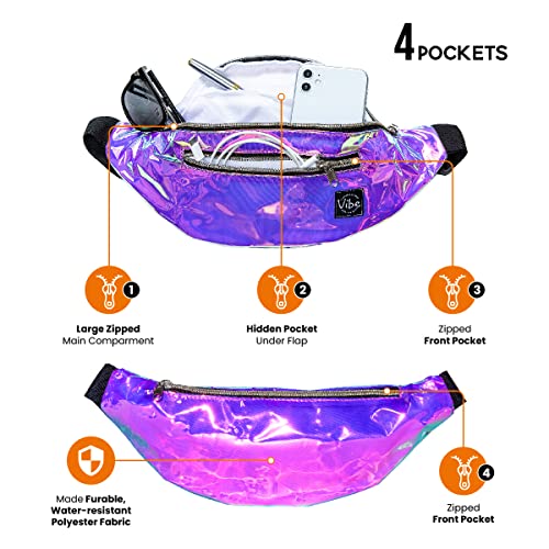 Vibe Festival Gear Rave Fanny Pack for Women Men – Festival, 4 Pockets, Adjustable Strap, Cute Waist Bag, Crossbody Belt Bag, Hiking, Running, Cycling - color: Purple Iridescenct, size: Fits Most