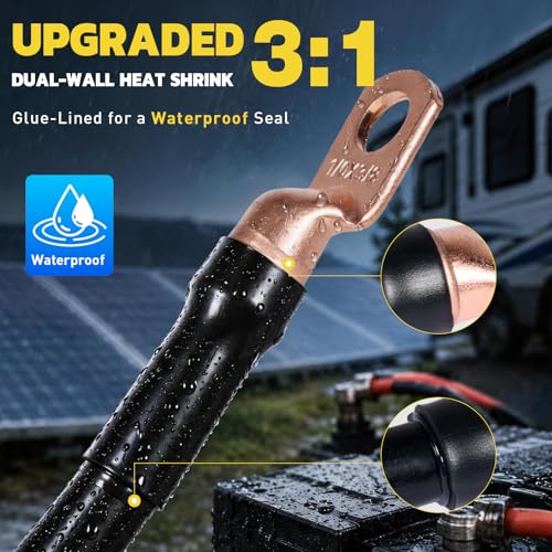 haisstronica 120PCS Battery Cable Ends Kit,60PCS AWG 0 00 000 0000 Heavy Duty Copper Wire Lugs Ring Terminals,Battery Cable Lugs Eyelets Terminal Connectors with 60PCS 3:1 Heat Shrink Tubing - color: Bare Copper, size: 120 PCS